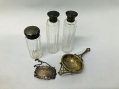 3 X VINTAGE DRESSING TABLE JARS WITH SILVER TOPS ALONG WITH A SILVER "SHERRY" DECANTER LABEL +