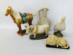 CAPODIMONTE STYLE BULL AND DUCK ORNAMENTS ALONG WITH A TANG STYLE HORSE ORNAMENT,