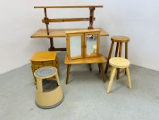 A HONEY PINE KITCHEN TABLE AND BENCH, MAGAZINE RACK, PINE BATHROOM MIRRORED CABINET,