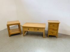 3 PIECES OF MODERN OAK FURNITURE TO INCLUDE 2 DRAWER COFFEE TABLE - 95CM X 47CM X 55CM.