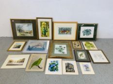 A GROUP OF SIXTEEN VARIOUS PRINTS AND PICTURES TO INCLUDE, ELIZABETH JONES GREEN MAN ARTISTS PROOF,