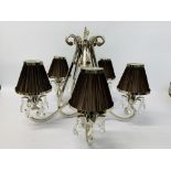 A MODERN DESIGNER CHROME AND CRYSTAL FIVE BRANCH CENTRE LIGHT FITTING COMPLETE WITH PLEATED SATIN