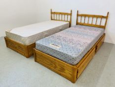 2 X HONEY PINE FRAMED BEDS WITH DRAWER BASES