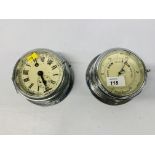 A CHROME CASED NAUTICAL CLOCK AND MATCHING ANAROID BAROMETER (REMOVED FROM 1930'S SAILING YACHT)