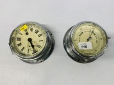 A CHROME CASED NAUTICAL CLOCK AND MATCHING ANAROID BAROMETER (REMOVED FROM 1930'S SAILING YACHT)