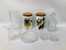 6 PIECES OF CRYSTAL GLASS WARE TO INCLUDE TYRONE CRYSTAL VASE, GALWAY IRISH CRYSTAL DECANTER,