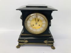 A SLATE MANTEL TIME PIECE, EIGHT DAY MOVEMENT STRIKING ON A BELL,