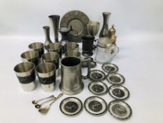 COLLECTION OF PEWTER WARE TO INCLUDE TANKARDS, TOASTING JUGS, DISH,