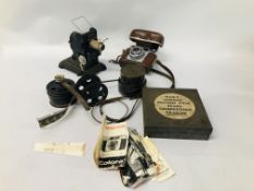 A VINTAGE HAND WIND PROJECTOR AND VARIOUS 8 FILM AND ZEISS CAMERA