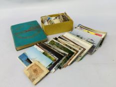 BOX OF ASSORTED VINTAGE TEA AND CIGARETTE CARDS, POSTCARDS,