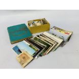 BOX OF ASSORTED VINTAGE TEA AND CIGARETTE CARDS, POSTCARDS,