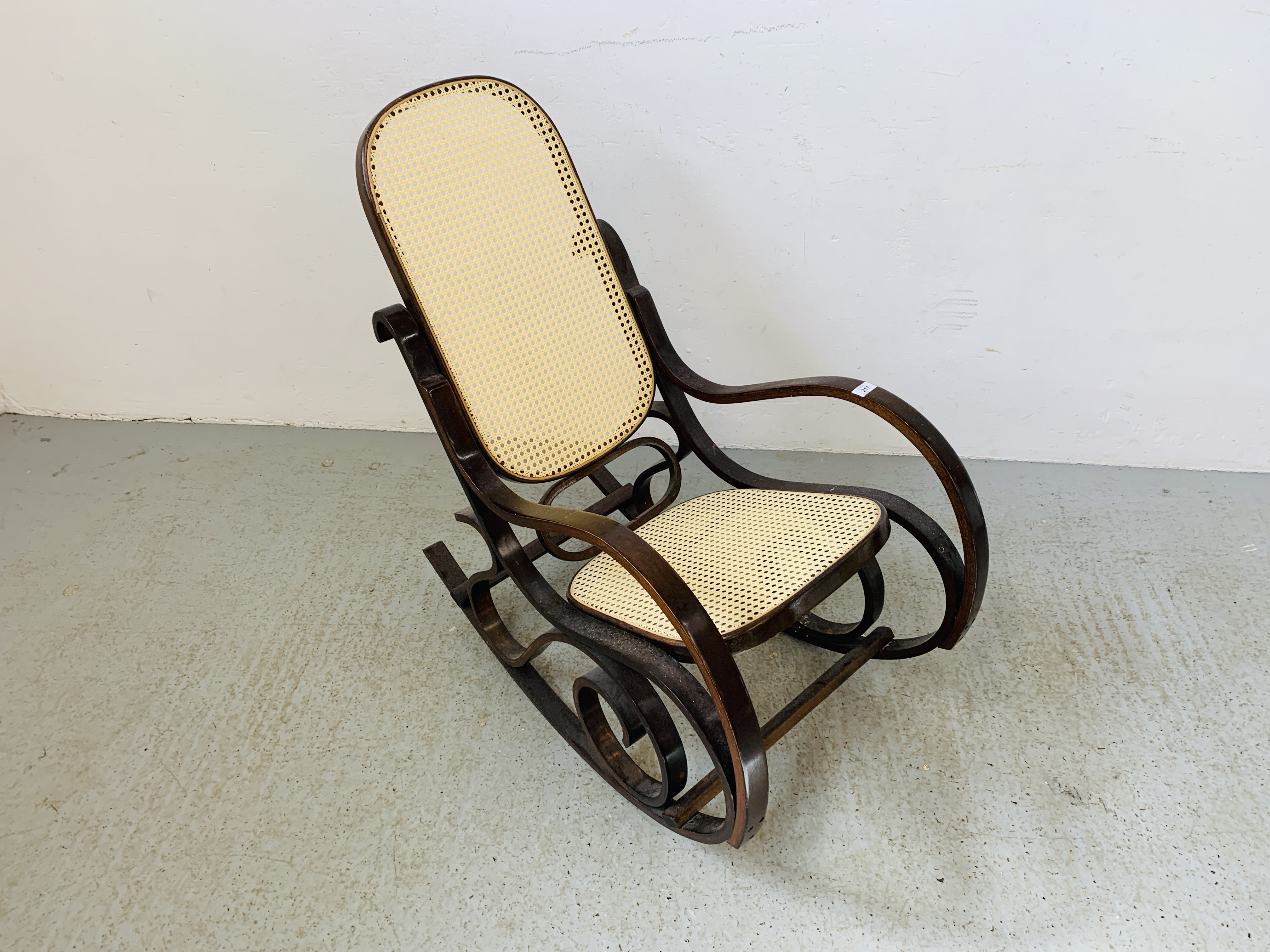 A BENTWOOD ROCKING CHAIR WITH RATTAN SEAT AND BACK - Image 2 of 6