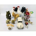 A COLLECTION OF FOUR DECORATIVE PORCELAIN CHICKENS, VEHICLE MONEY BOX, 2 PIECES OF ART GLASS,