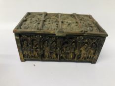 HEAVY VINTAGE BRASS BOX DEPICTING RELIGIOUS SCENES H 7CM, W 15CM,