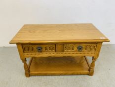 A MODERN OLD CHARM LIGHT OAK 2 DRAWER COFFEE TABLE WITH SHELF BELOW