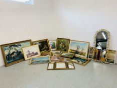 A GROUP OF 14 VARIOUS FRAMED PRINTS AND PICTURES TO INCLUDE FRAMED OIL ON CANVAS COUNTRY MEADOW