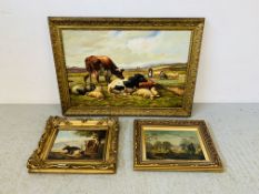 A GILT FRAMED OIL ON CANVAS, CATTLE WITH SHEEP IN HIGHLAND SETTING, NO VISIBLE SIGNATURE 50 X 75CM,