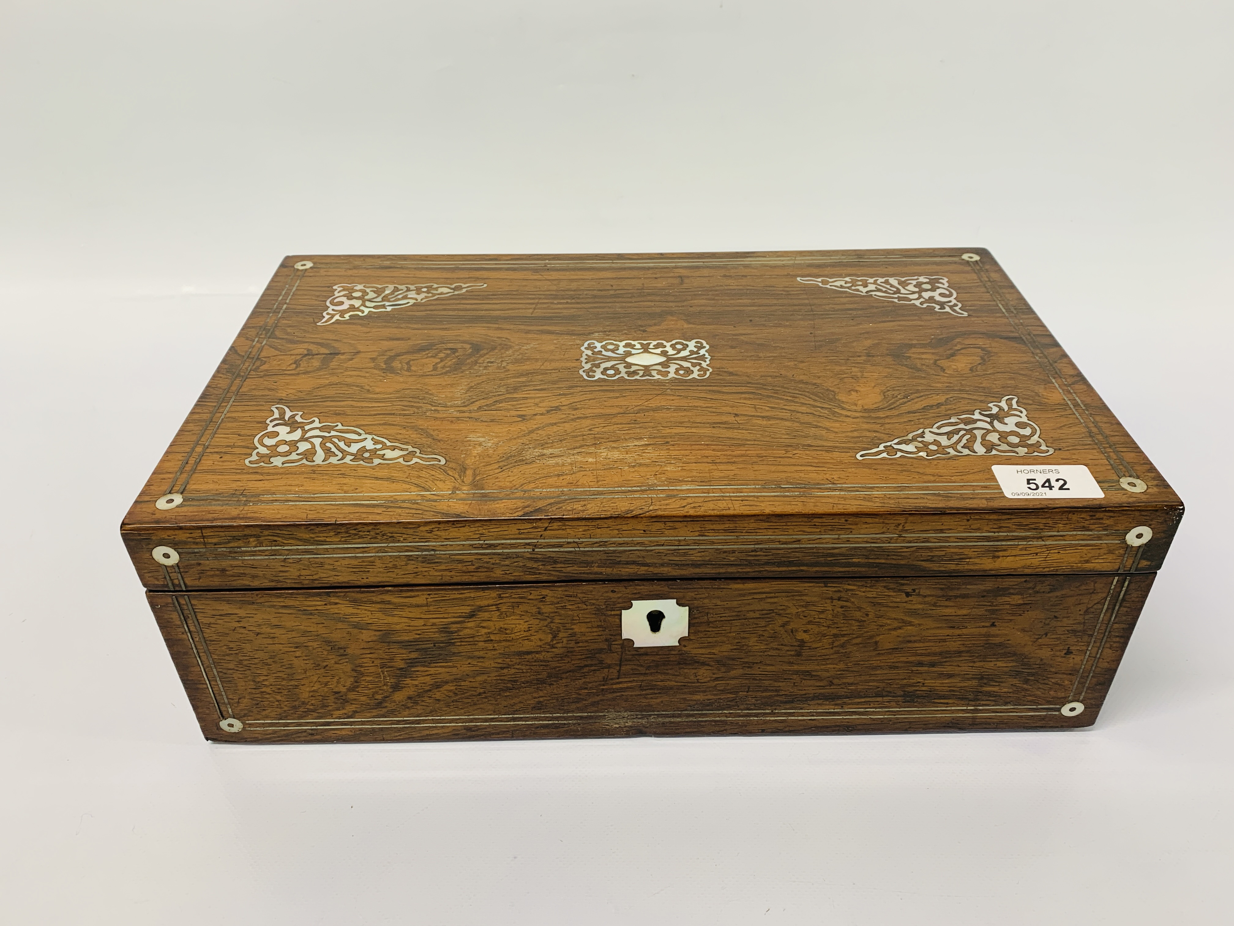 A PERIOD ROSEWOOD WRITING SLOPE WITH MOTHER OF PEARL INLAY