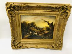 A GILT FRAMED OIL ON BOARD, WAGON AND HORSES BY A RIVER, INDISTINCT SIGNATURE - H 20.5CM X W 26CM.