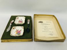 A BOXED ROYAL CROWN DERBY "DERBY POSIES" PRESERVE, BUTTER DISH,