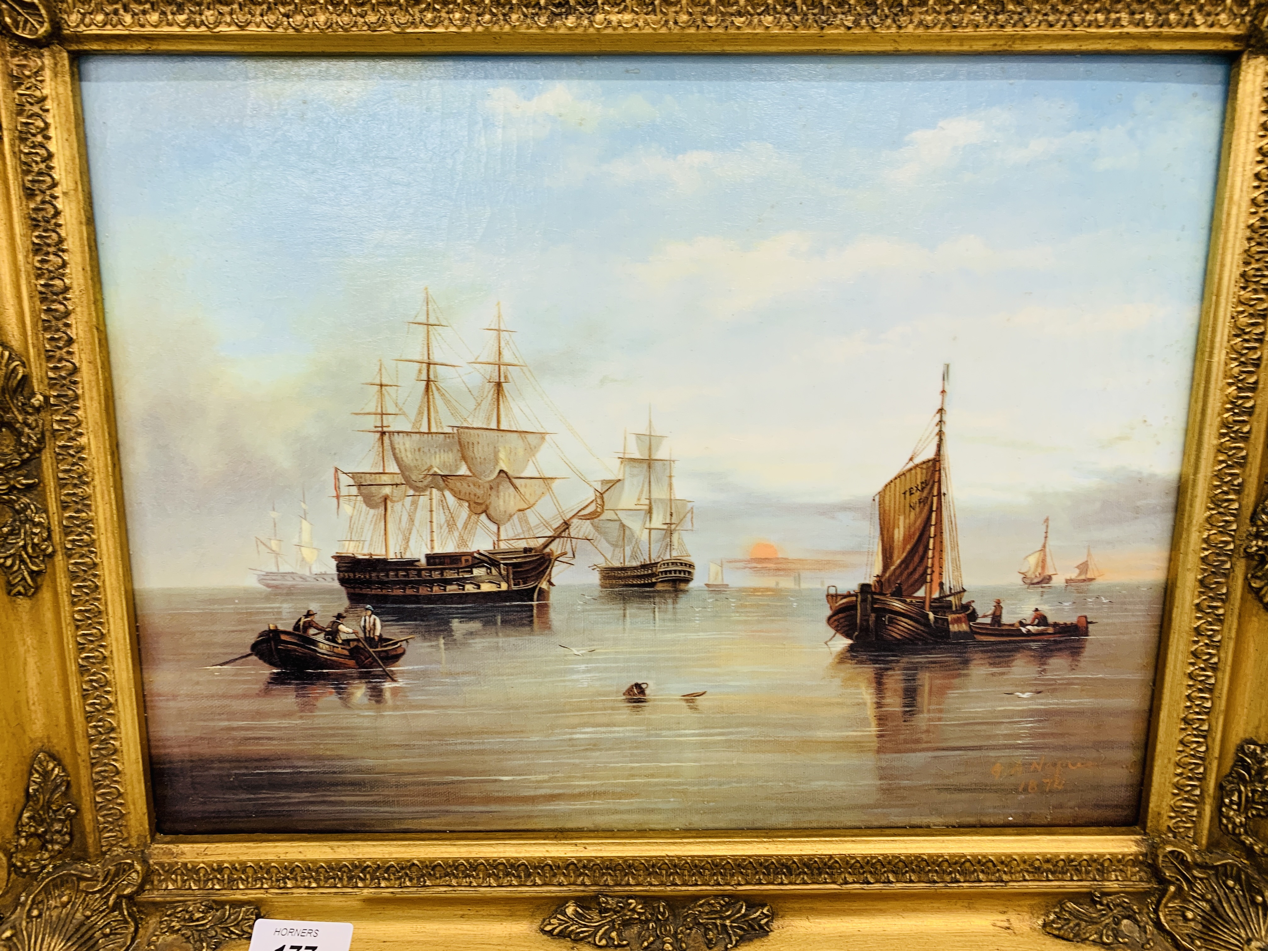 A REPRODUCTION GILT FRAMED PRINT, HARBOUR SCENE WITH GALLEONS H 29, W 39. - Image 2 of 3