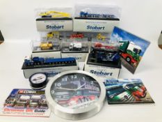 A COLLECTION OF 10 BOXED ATLAS EDITIONS "WORLD OF STOBART" 1:76 SCALE MODELS PLUS STOBART WALL