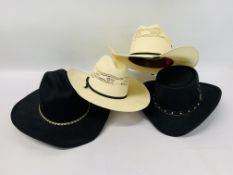 4 WESTERN STYLE HATS TO INCL. 2 GENUINE BANGORA, WESTERN EXPRESS MEXICO AND SUMMIT HAT CO.