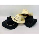 4 WESTERN STYLE HATS TO INCL. 2 GENUINE BANGORA, WESTERN EXPRESS MEXICO AND SUMMIT HAT CO.