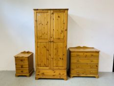 A MODERN SOLID HONEY PINE 3 PIECE BEDROOM SET COMPRISING OF A DOUBLE WARDROBE WITH BASE DRAWER