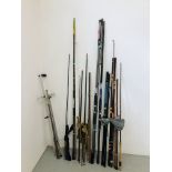 COLLECTION OF FISHING RODS AND ACCESSORIES TO INCLUDE ROD REST, BEACH RODS, ETC.