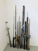 COLLECTION OF FISHING RODS AND ACCESSORIES TO INCLUDE ROD REST, BEACH RODS, ETC.