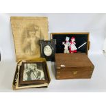 A MAHOGANY BRASS BOUND WRITING BOX, ALONG WITH A GROUP OF EPHEMERA, VINTAGE PHOTOGRAPHS, PRINTS,
