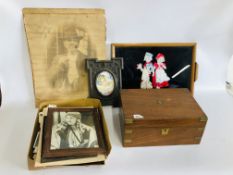 A MAHOGANY BRASS BOUND WRITING BOX, ALONG WITH A GROUP OF EPHEMERA, VINTAGE PHOTOGRAPHS, PRINTS,