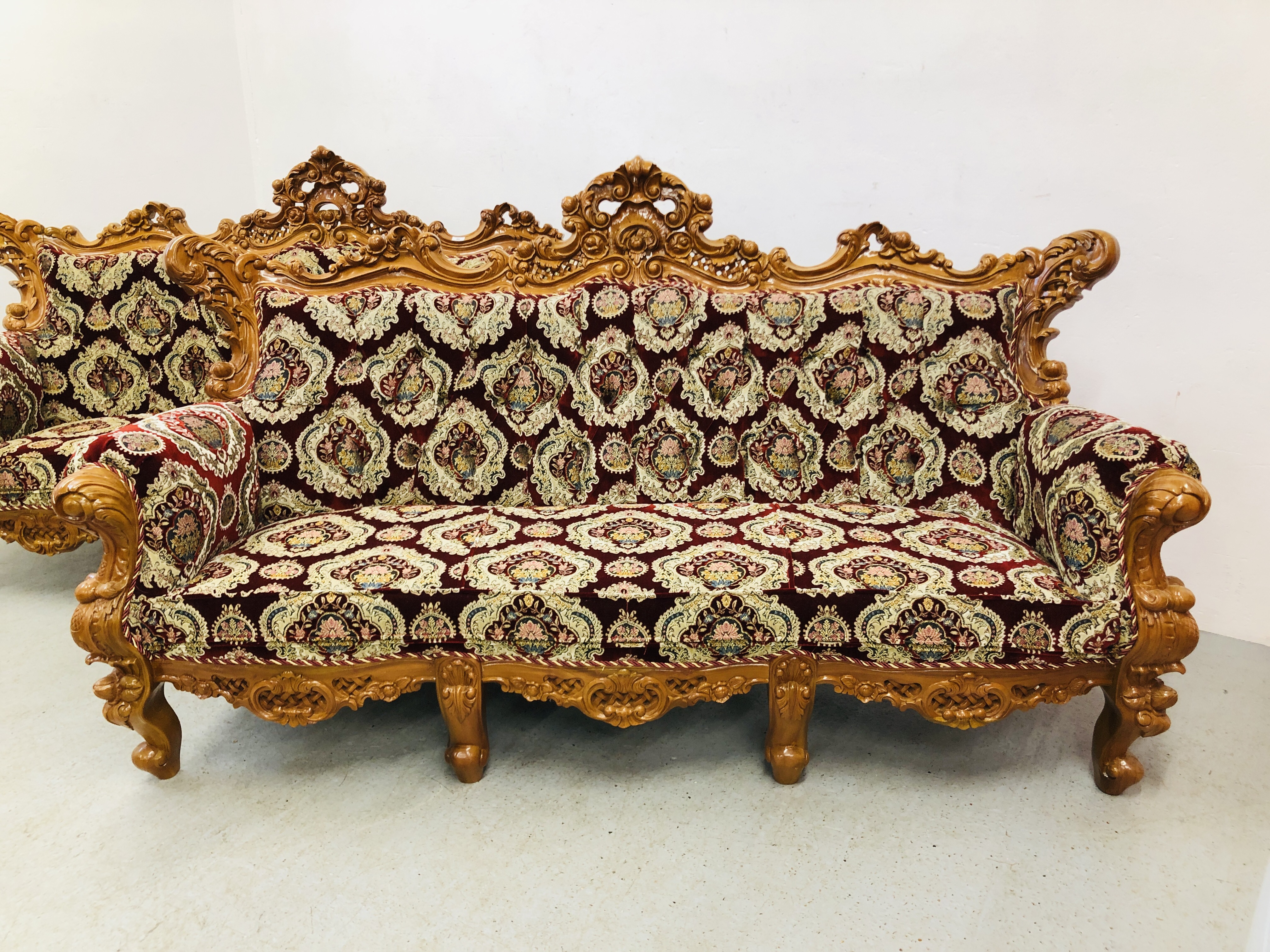 A PAIR OF HIGHLY DECORATIVE REPRODUCTION CONTINENTAL STYLE THREE SEATER COUCHES - NON COMPLIANT - Image 2 of 14
