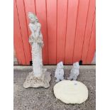 A STONEWORK GARDEN FEATURE OF GIRL ON PEDESTAL HEIGHT 85CM,