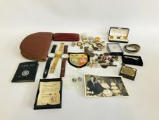 BOX OF ASSORTED VINTAGE ENAMELED BADGES, WRIST WATCHES AND CUFFLINKS, ETC.