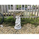 A HIGHLY DECORATIVE STONEWORK BIRD BATH HEIGHT 70CM TOP DIAMETER 60CM