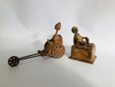 2 X ANTIQUE JAPANESE WOOD KOBE AUTOMATON NOVELTY TOYS, FIGURE EATING H 11CM X W 8CM A/F,