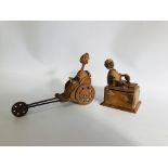 2 X ANTIQUE JAPANESE WOOD KOBE AUTOMATON NOVELTY TOYS, FIGURE EATING H 11CM X W 8CM A/F,