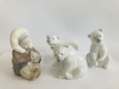 4 PIECES LLADRO ( 3 POLAR BEARS AND ESKIMO,