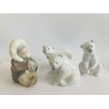 4 PIECES LLADRO ( 3 POLAR BEARS AND ESKIMO,