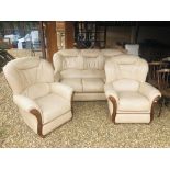 CREAM LEATHER THREE PIECE LOUNGE SUITE