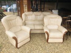 CREAM LEATHER THREE PIECE LOUNGE SUITE