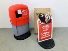 AN AS NEW WALLS ICE CREAM WASTE BIN AND 2 X WALLS ICE CREAM PAVEMENT SIGNS