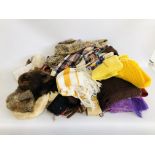 A BOX CONTAINING MANY LADY'S DESIGNER BRANDED SCARVES ALONG WITH FUR GLOVES, HATS, ETC.