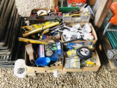 SIX BOXES CONTAINING HAND TOOLS AND SHED SUNDRIES TO INCLUDE SPIRIT LEVELS, SOCKETS,