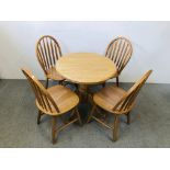 MODERN SINGLE PEDESTAL BREAKFAST TABLE ALONG WITH A SET OF FOUR HOOP BACK DINING CHAIRS