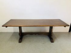 LARGE OAK DINING TABLE WIDTH 214CM. DEPTH 76CM. HEIGHT 74CM.