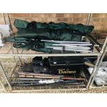 A TEAM DAIWA FISHING BOX, 5 VARIOUS FISHING RODS/POLES, PAIR CRANE SIZE 10 INSULATED BOOTS,