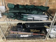 A TEAM DAIWA FISHING BOX, 5 VARIOUS FISHING RODS/POLES, PAIR CRANE SIZE 10 INSULATED BOOTS,